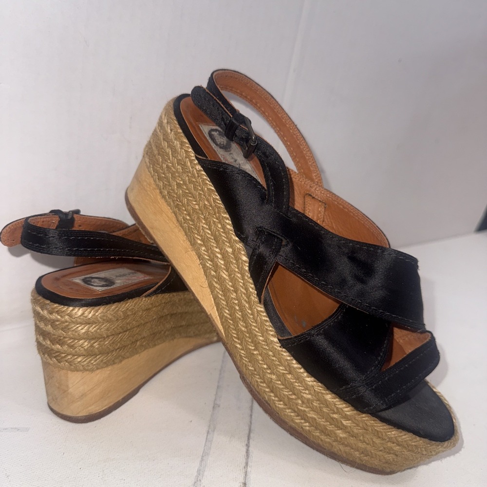 Vintage Y2K Lanvin Black Leather Platform Wood Jute Espadrille Wedge Shoes 40
